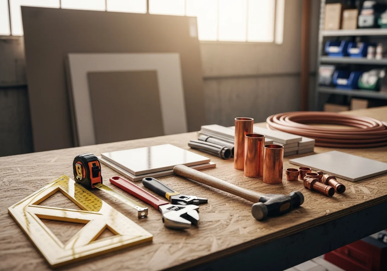 Remodeling tools and materials arranged on a work surface, representing the range of trades JBR Remodeling handles.