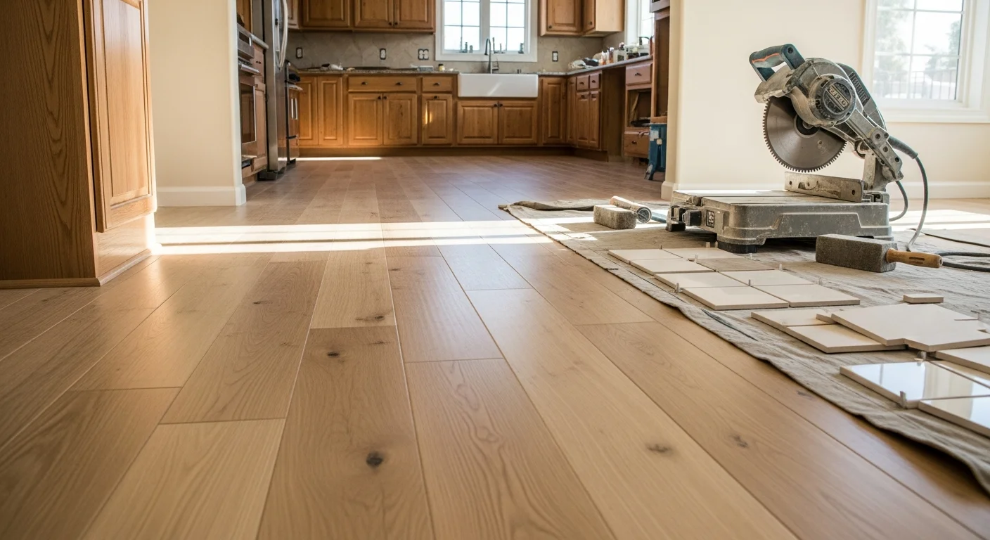 Newly installed tile and flooring in residential kitchen