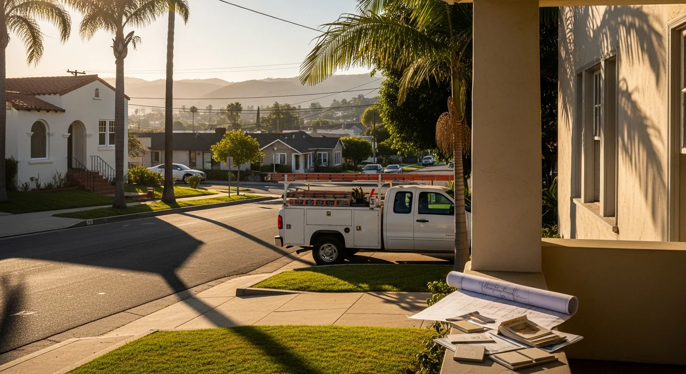 Residential street in Los Angeles with palm trees and mixed architectural styles typical of LA County neighborhoods.