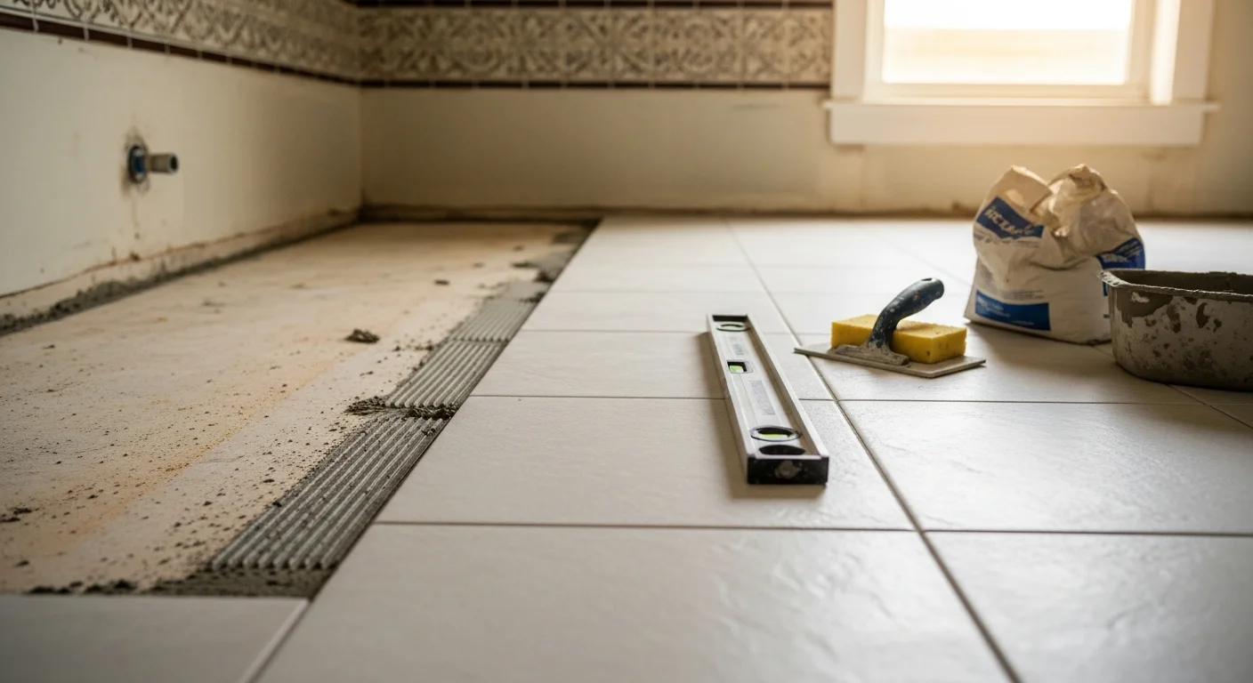 Newly installed bathroom floor with clean grout lines and water-resistant tile in an LA County home. A flooring contractor's finished work showing flush edges and a level surface in a residential bathroom.