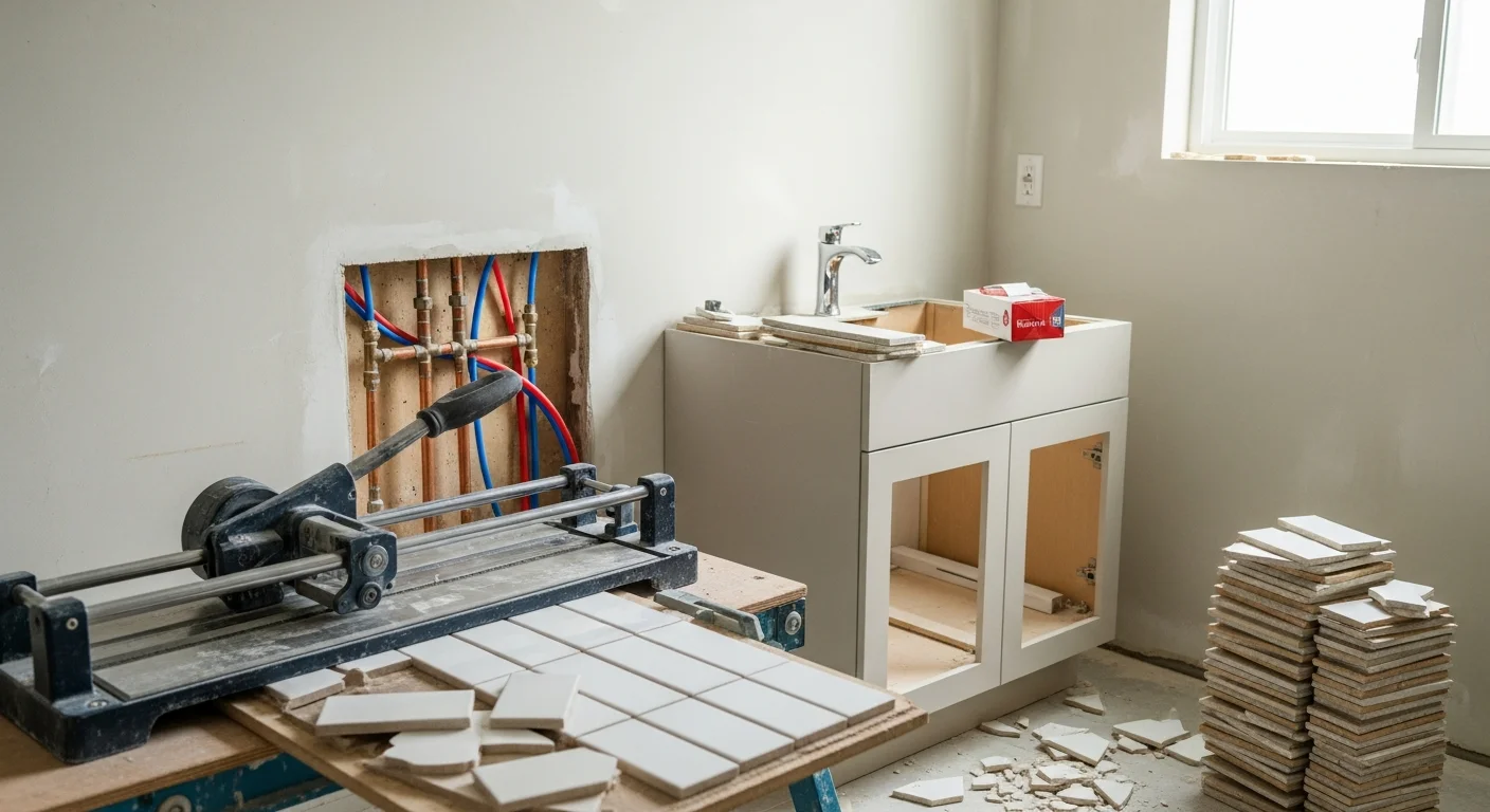 A finished bathroom remodel in an LA County home showing a tiled walk-in shower, updated vanity, and new fixtures. The space reflects a clean, modern layout built to California code standards.