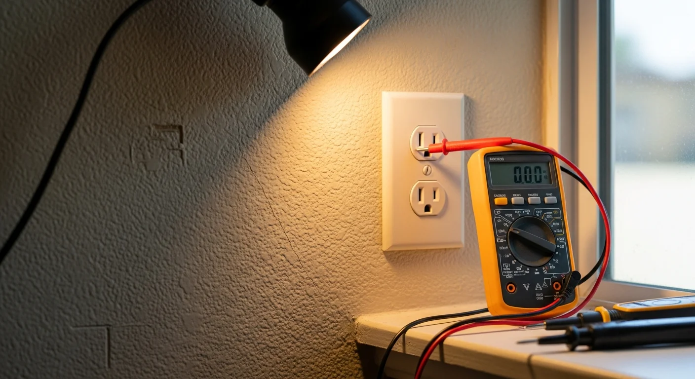 A licensed electrician inspecting an open residential electrical panel inside an older single-family home in LA County. The panel shows multiple circuit breakers with visible wiring being assessed for repair.