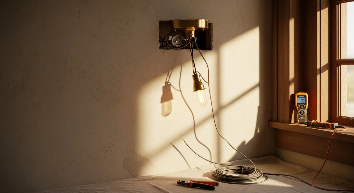 A licensed electrician from JBR Remodeling installing a new ceiling light fixture in a residential home in LA County. The old fixture has been removed and the electrician is connecting wiring at the ceiling box.