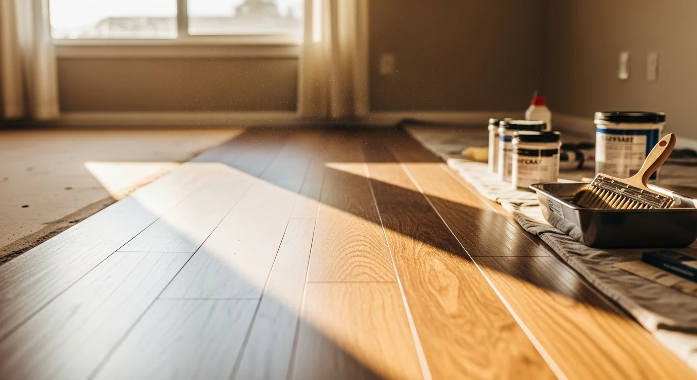 Freshly finished hardwood floor in an LA County home showing an even stain tone and smooth sealed surface. A flooring contractor applies a protective topcoat to restored wood planks in a residential living room.