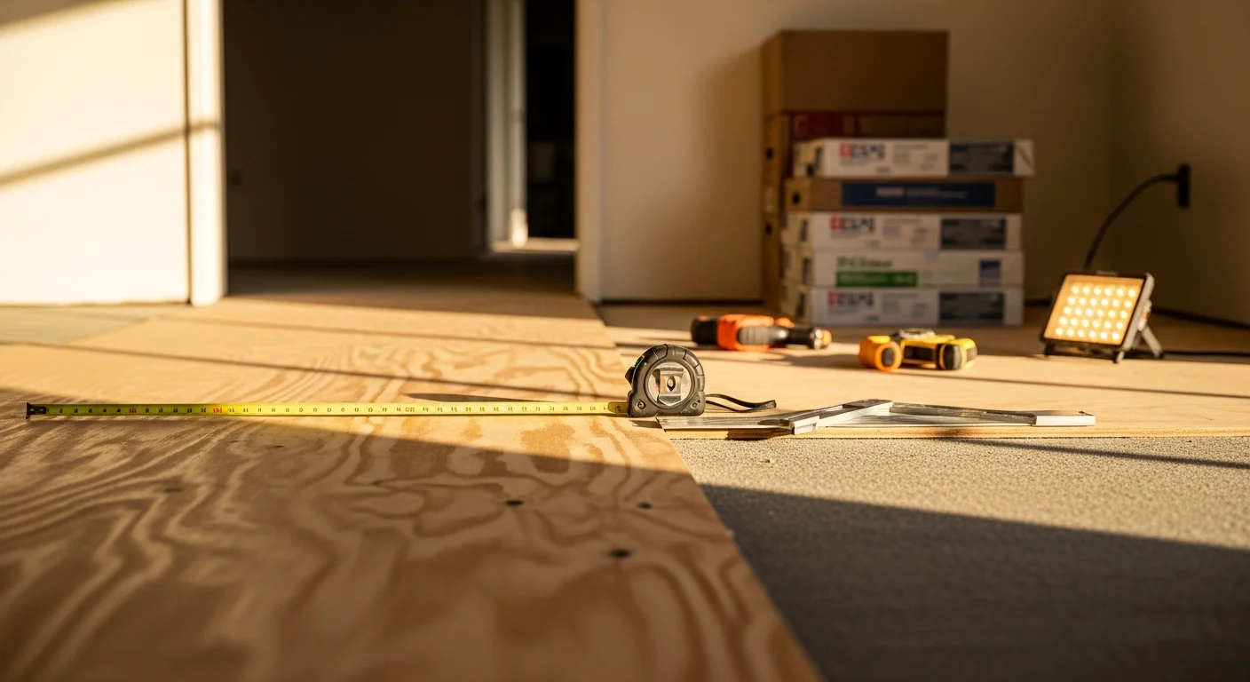 Newly installed flooring in a Los Angeles County home showing clean room transitions and finished baseboards. The space reflects a complete flooring replacement by JBR Remodeling with even surface coverage across an open-plan living area.