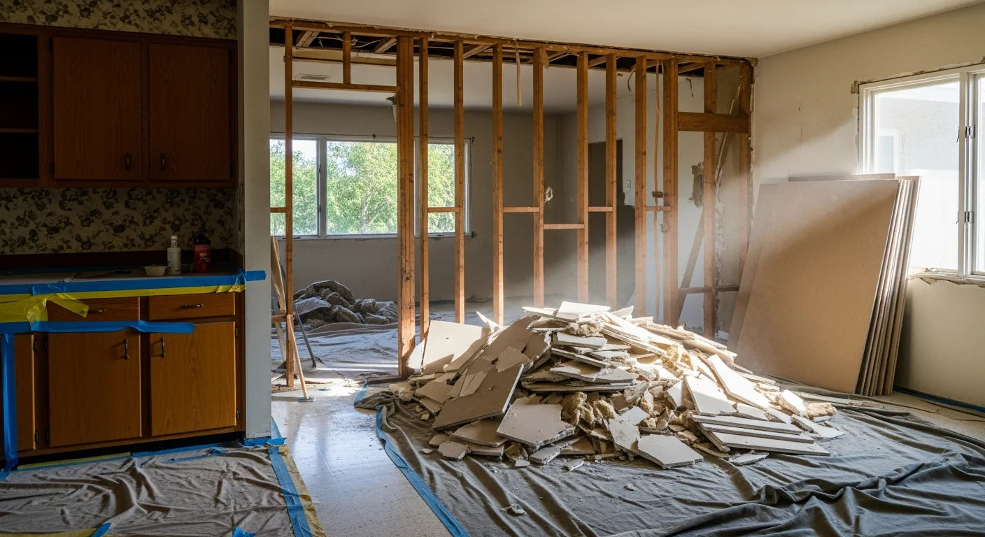Interior of an LA County home mid-demolition with walls stripped to the studs and flooring removed, showing a clean open space ready for remodeling. Debris is staged near the doorway for removal by the JBR Remodeling crew.