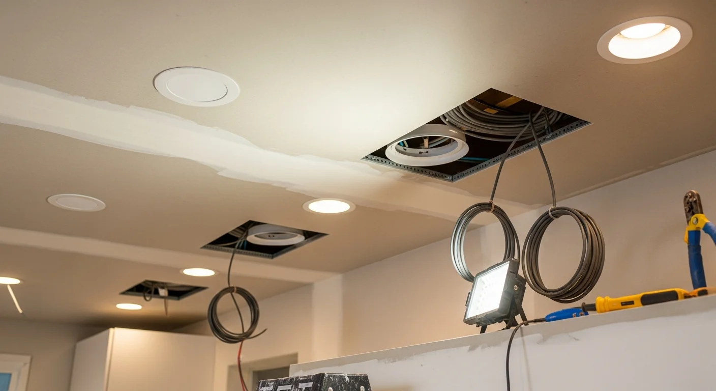 A licensed electrician from JBR Remodeling installing recessed ceiling lights in a remodeled kitchen inside an LA County home. Finished fixtures are evenly spaced across a white ceiling with visible trim rings and clean drywall.