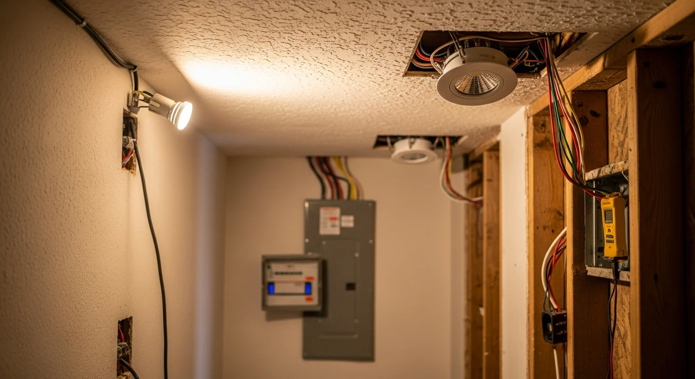 A licensed JBR Remodeling electrician installing recessed LED lighting fixtures in the ceiling of a residential kitchen in LA County. The finished room shows evenly spaced, flush-mounted lights over updated countertops.