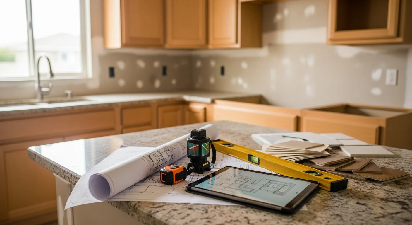 A JBR Remodeling general contractor reviewing project plans with a homeowner inside an LA County residence. The consultation takes place in a kitchen space being evaluated for a full remodel.