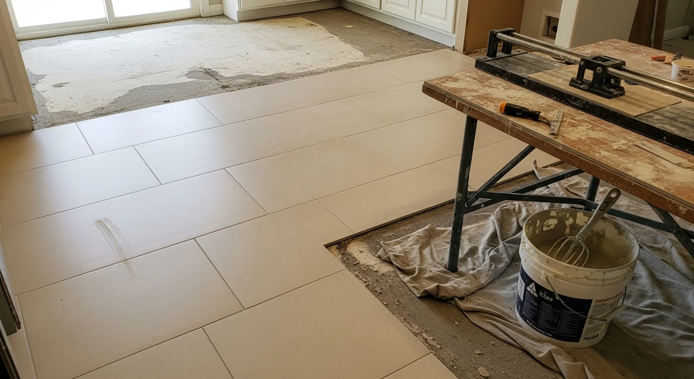 Freshly installed tile flooring in a bathroom of an LA County home, showing clean grout lines and a level surface. A tiled shower wall with a simple grid pattern is visible in the background.
